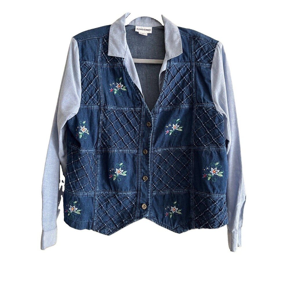 Alfred Dunner VTG Blue Denim Shirt Vest Combo Embroidered Country Western Large